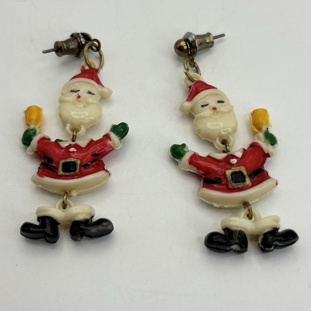 Vtg Santa Claus Dangles Pierced Earrings Christmas Resin 2 sided Santa Post